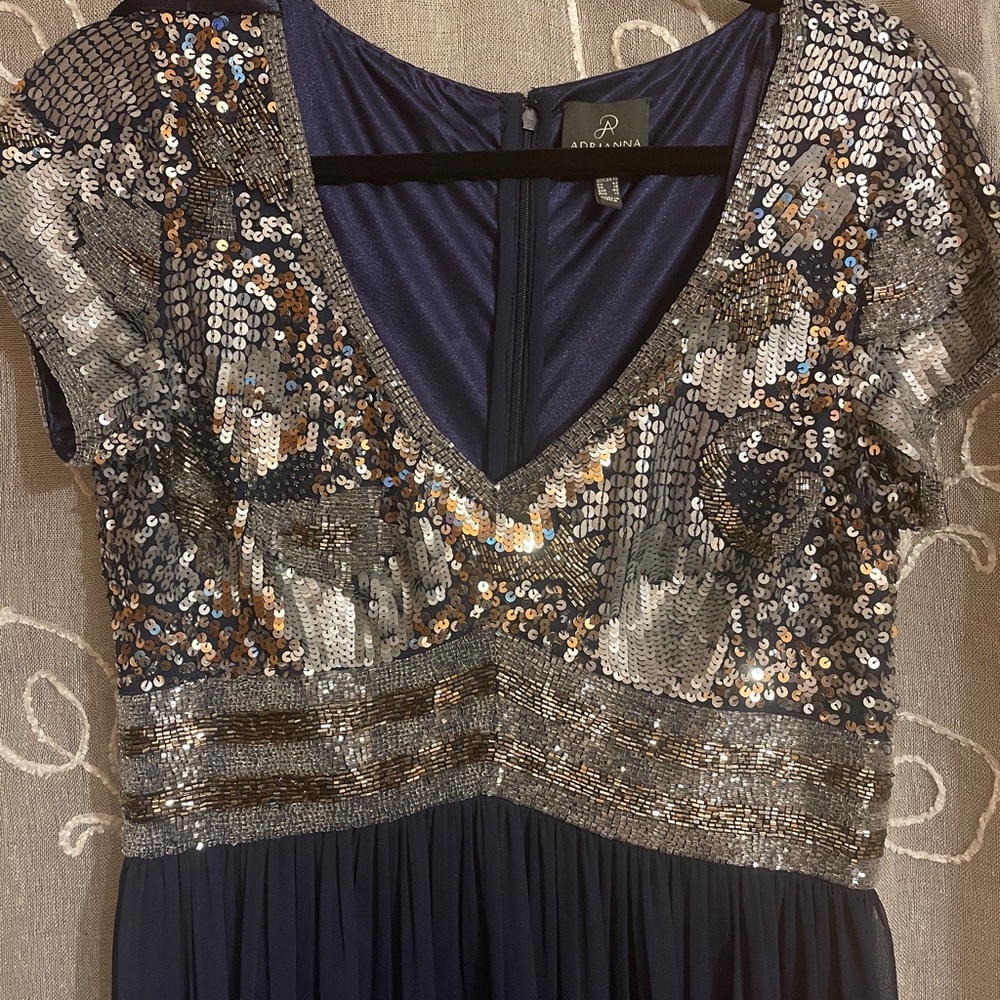 Adriana Papell Navy Blue Beaded Bodice Gown